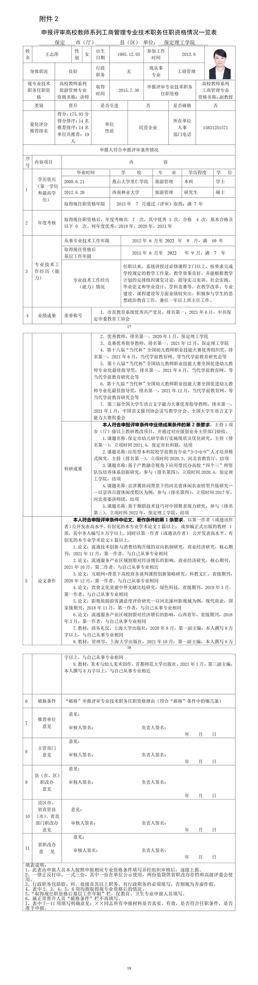王志萍任职资格情况一览表